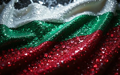 Bulgarian flag, 4K, diamonds, flag of Bulgaria, green crystals, shiny stones, Bulgaria, creative art, gemstones, red white green crystals, Bulgaria flag