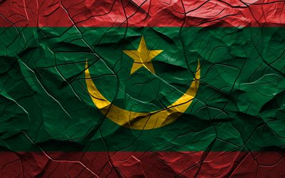 4k, علم موريتانيا, نسيج الحجر, أفريقيا, علم موريتانيا ثلاثي الأبعاد, الخلفية مع الشقوق, موريتانيا, العلم الموريتاني
