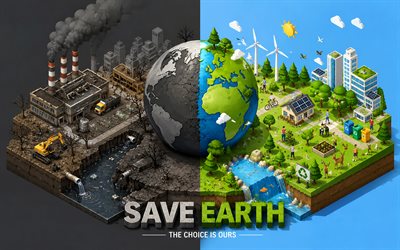 Save Earth, 4k, environmental pollution, icometric art, factory, half-dried tree, smoke, 3D art, ecology concepts, protect nature, environment concepts, eco concepts, heavy industry, harm to the environment, green tree and factories