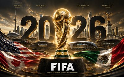 copa mundial de la fifa 2026, 4k, banderas, horizonte urbano, trofeo de la copa mundial de la fifa, estadios, fútbol americano, arte de la copa mundial de la fifa, trofeo de oro, fútbol, copa mundial de la fifa