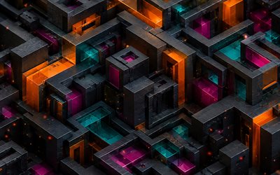 tumma 3d sokkelo, 4k, prismat, geometrisia muotoja, värikkäät 3d taustat, geometria, geometrinen sokkelo, 3d muodot, labyrintit, kuutiot, 3d taustat