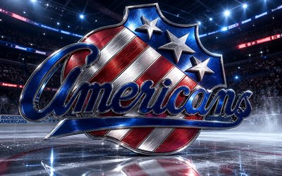 4k, Rochester Americans metal logo, spotlights, ice arena, AHL, creative, hockey, Rochester Americans logo, hockey stadium, Rochester Americans 3D logo, american hockey team, Rochester Americans