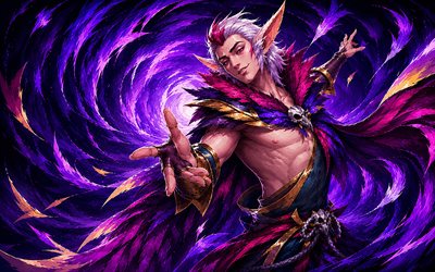 rakán, 4k, fondo abstracto violeta, league of legends, obra de arte, personajes de la liga de leyendas, jajaja, liga de leyendas rakan