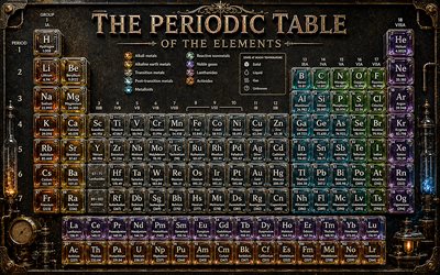 Periodic table, 4k, 3D art, periodic table of the elements, retro art, chemical elements, chemistry concepts, metal art, Dmitri Mendeleev, white metal elements