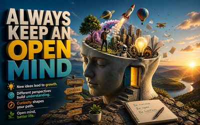 Always keep an open mind, 4k, 3D isometric art, Always keep an open mind concepts, creative art, infographics, motivation, inspiration, motivational quotes