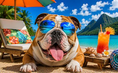 English Bulldog, 4k, summer, tropical beach, beach accessories, sea, sun lounger, sunglasses, English Bulldog on beach, dogs, cocktail, cute animals, beach, pets, dog in sunglasses, English Bulldog Dog