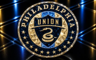 philadelphia unionin logo, sininen kulta metalli tausta, philadelphia unionin tunnus, philadelphia unionin kristallimerkki, mls, usa, jalkapallo, philadelphian unioni