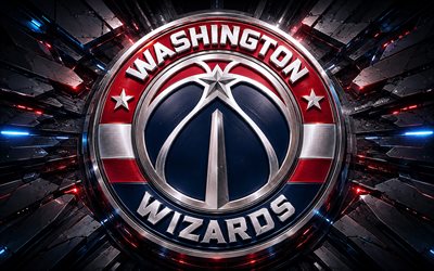 Washington Wizards metal logo, 4k, blue red metal background, NBA, basketball, Washington Wizards logo, Washington Wizards 3D logo, american basketball team, Washington Wizards