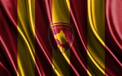 4k, Rodez AF logo, Ligue 2, red yellow silk texture, Rodez AF flag, French football club, silk flag, Rodez AF emblem, France, Rodez AF badge, Rodez AF