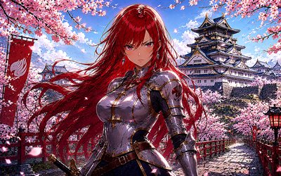 Erza Scarlet, 4k, Japanese Castle, iron armor, Fairy Tail, spring, warrior, manga, anime charaters, Torii, Fairy Tail characters, Erza Scarlet Fairy Tail