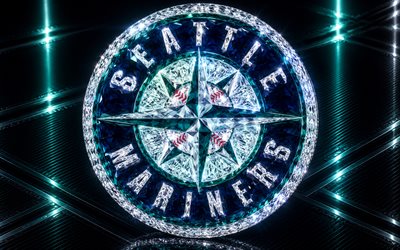 seattle marinersin logo, sininen metalli tausta, seattle mariners  tunnus, seattle mariners  kristallimerkki, mlb, usa, baseball, seattle mariners