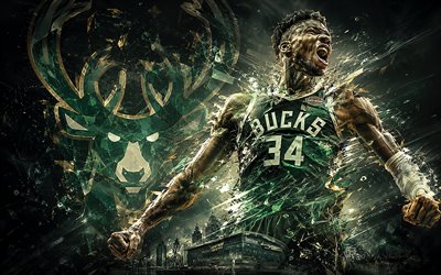 giannis antetokounmpo, 4k, vihreä abstrakti tausta, milwaukee bucks, nba, kreikkalaiset koripalloilijat, giannis antetokounmpo 4k, koripallo, fanitaidetta, milwaukee bucksin logo, giannis antetokounmpo milwaukee bucks