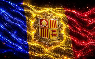Andorra glowing flag, 4k, darkness, flag of Andorra, Day of Andorra, 3D art, Andorran flag, Andorra neon flag, neon waves Andorra flag, Andorra 3D flag, Andorra abstract flag, Andorra
