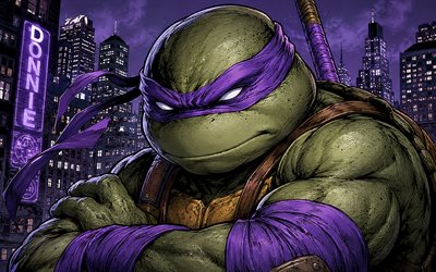donatello, 4k, arte em quadrinhos, tartarugas ninja adolescentes mutantes, paisagem noturna, personagens tnt, tartarugas mutantes, tmnt, tartarugas ninjas, donatello tmnt, donatello 4k