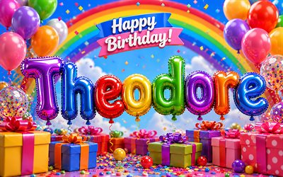 4k, teodoro feliz cumpleaños, arcoíris, globos letras 3d, nombre de teodoro, cumpleaños de teodoro, cajas de regalo coloridas, nombres masculinos americanos populares, feliz cumpleaños teodoro, foto con el nombre de theodore, teodoro