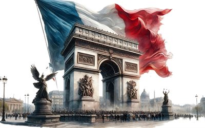 Arc de Triomphe, Paris, creative art, Arc de Triomphe art, flag of France, French flag, Paris landmarks, Paris city landscape, Paris art, France