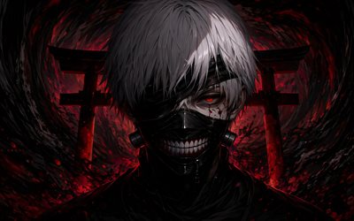 Ken Kaneki, 4k, night, Torii gate, Tokyo Ghoul characters, mask, Kaneki Ken, close-up, protagonist, Tokyo Ghoul, artwork, Torii, Ken Kaneki art, Ken Kaneki Tokyo Ghoul