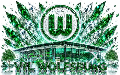 logo del vfl wolfsburg, 4k, società calcistica tedesca, vfl wolfsburg, arte del cristallo, stemma del vfl wolfsburg, arena volkswagen, wolfsburg, germania, calcio, bundesliga, il logo del wolfsburg