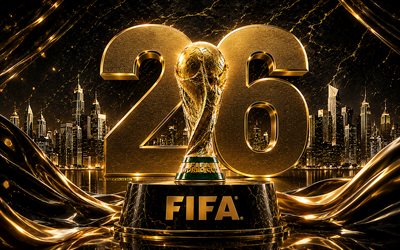 4k, copa mundial de la fifa 2026, dígitos dorados en 3d, trofeo de la copa mundial de la fifa, paisaje urbano dorado, fondo oscuro y lujoso, fútbol americano, arte de la copa mundial de la fifa, creativo, trofeo de oro, fútbol, copa mundial de la fifa