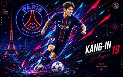 4k, Lee Kang-in, PSG, vector art, blue abstract vector background, Lee Kang-in PSG, creative art, PSG logo, Lee Kang-in Paris Saint-Germain, football, Paris Saint-Germain