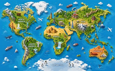 4k, 3D world map, isometric art, world landmarks, continents, topographic world map, artwork, landscape map, world maps concepts, world maps