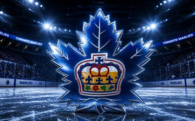 4k, Toronto Marlies metal logo, spotlights, ice arena, AHL, creative, hockey, Toronto Marlies logo, hockey stadium, Toronto Marlies 3D logo, canadian hockey team, Toronto Marlies