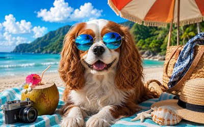 cavalier king charlesin spanieli, 4k, kesä, trooppinen ranta, rantatarvikkeet, meri, aurinkotuoli, aurinkolasit, koirat, cocktail, ranta, lemmikkejä, koira aurinkolaseissa, cavalier king charles  spanielikoira