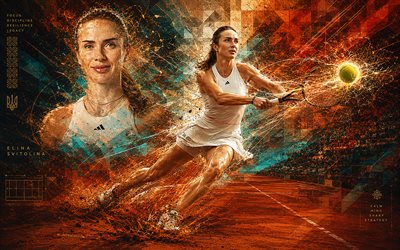 Elina Svitolina, 4k, Ukrainian tennis player, WTA, orange abstract lines art, tennis, Elina Svitolina art, Womens Tennis Association, creative art, orange light lines