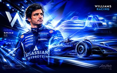 carlos sainz, 4k, fondo digital azul, carreras de williams, fórmula 1, pilotos de carreras españoles, carlos sainz 4k, fan art, fórmula uno, f1, carlos sainz jr, equipo atlassian williams f1, carlos sainz williams racing