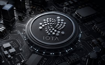 شعار ايوتا, 4k, خلفية التكنولوجيا السوداء, ذرة, blockchain, إنترنت الأشياء, علامة ايوتا, عملة ايوتا, عملة مشفرة, شعار أيوتا ثلاثي الأبعاد