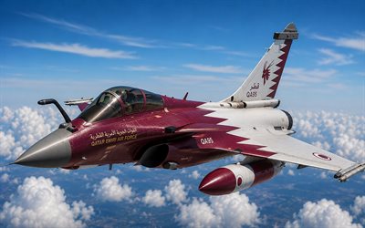 Dassault Rafale painted with the French flag, 4k, Dassault Rafale in the sky, Qatari fighter, Qatari flag, flag of Qatar, Dassault Rafale, Qatar Emiri Air Force, Qatar flag