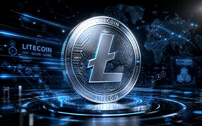 شعار لايتكوين ثلاثي الأبعاد, 4k, خلفية مستقبلية زرقاء, العملات المشفرة, شعار لايتكوين المعدني, العلامات التجارية, عملة لايت كوين المشفرة, شعار لايتكوين المستقبلي, blockchain, شعار لايتكوين, لايتكوين