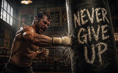 Never Ever Give Up, 4k, gym, boxer, punching bag, popular short quotes, boxing, Never Ever Give Up concepts, inspiration, Never Ever Give Up inspiration, creative, Never Ever Give Up Art