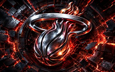 Miami Heat metal logo, 4k, black red metal background, NBA, basketball, Miami Heat logo, Miami Heat 3D logo, american basketball team, Miami Heat