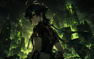 Kinich, 4k, green nighscape, Genshin Impact, green skyscrapers, anime characters, Genshin Impact characters, Kinich Genshin Impact