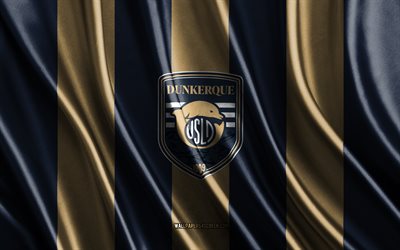 4k, Dunkerque FC logo, Ligue 2, gold blue silk texture, Dunkerque FC flag, French football club, silk flag, Dunkerque FC emblem, France, Dunkerque FC badge, Dunkerque FC