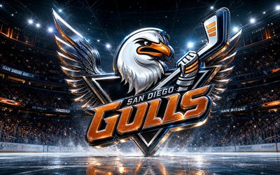 4k, San Diego Gulls metal logo, spotlights, ice arena, AHL, creative, hockey, San Diego Gulls logo, hockey stadium, San Diego Gulls 3D logo, american hockey team, San Diego Gulls