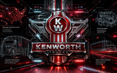 kenworth 3d  logo, 4k, punainen futuristinen tausta, luova, punaiset neonsäteet, kenworth metallilogo, kenworth futuristinen logo, kuorma autojen merkit, kenworthin logo, kenworth