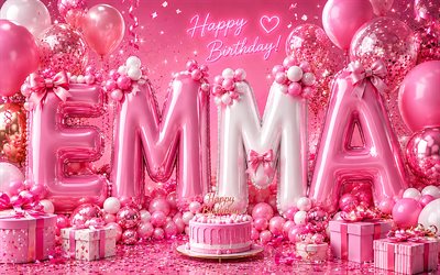 ema feliz aniversário, 4k, fundo rosa, nome ema, caixas de presente rosa, aniversário de emma, balões 3d, nomes femininos americanos populares, balões brancos rosa, feliz aniversário ema, foto com o nome emma, ema