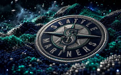 Seattle Mariners fabric logo, 4k, blue turquoise 3D background, MLB, baseball, Seattle Mariners logo, Seattle Mariners 3D logo, american baseball team, Seattle Mariners