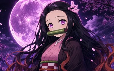 Nezuko Kamado, 4k, pink moon, spring, Demon Slayer, night, kimono, protagonist, Demon Slayer Kimetsu no Yaiba, green bamboo gag, manga, Kamado Nezuko, Demon Hunter, Nezuko Kamado Kimetsu no Yaiba