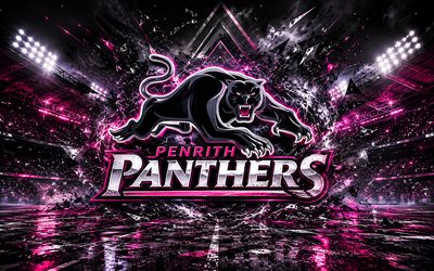 penrith panthers soyut logosu, 4k, siyah pembe arka plan, nrl, rugby, penrith panthers logosu, penrith panterler amblemi, avustralya ragbi takımı, penrith panterler