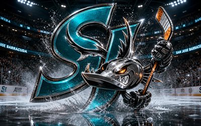 4k, San Jose Barracuda metal logo, spotlights, ice arena, AHL, creative, hockey, San Jose Barracuda logo, hockey stadium, San Jose Barracuda 3D logo, american hockey team, San Jose Barracuda