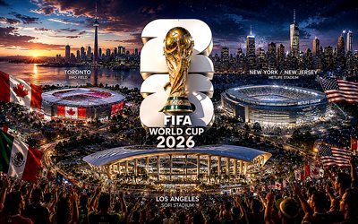4k, كأس العالم لكرة القدم 2026, غروب, الملاعب, أفق المدينة, كأس العالم لكرة القدم, أعلام, كرة القدم, فن كأس العالم لكرة القدم, الكأس الذهبية