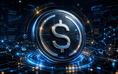 شعار إثينا usde ثلاثي الأبعاد, 4k, خلفية مستقبلية زرقاء, العملات المشفرة, شعار إثينا usde المعدني, العلامات التجارية, عملة إثينا usde المشفرة, شعار ethena usde المستقبلي, blockchain, شعار إثينا usde, إثينا usde