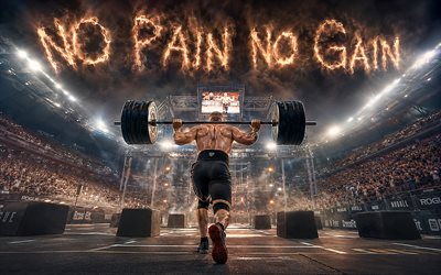 nessun dolore nessun guadagno, 4k, arena sportiva, stacco, sollevatore di pesi, citazioni di motivazione, iscrizione no pain no gain, uomo con bilanciere, arte del grunge, lettere di metallo arrugginito, bilanciere, motivazione, nessun concetto di dolore, nessun guadagno