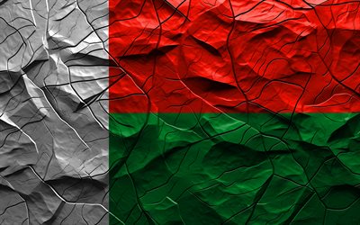 4k, علم مدغشقر, نسيج الحجر, أفريقيا, علم مدغشقر ثلاثي الأبعاد, الخلفية مع الشقوق, مدغشقر