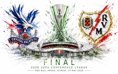 نهائي دوري المؤتمرات الأوروبي 2026, كريستال بالاس vs رايو فاليكانو, 4k, خلفية بيضاء, دوري المؤتمر, فن الطلاء, ريد بول أرينا, لايبزيغ, 27 مايو 2026, كريستال بالاس إف سي, رايو فاليكانو