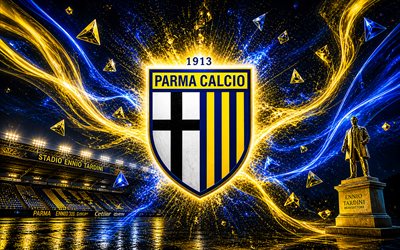 parma calcio 1913, 4k, club de fútbol italiano, logotipo de atalanta bc, arte del futbol, fondo abstracto azul, emblema del parma calcio 1913, serie a, fútbol americano, italia, logotipo de parma calcio 1913, parma, estadio ennio tardini, estadio de parma