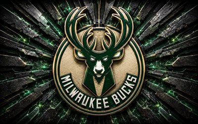 Milwaukee Bucks metal logo, 4k, green biege metal background, NBA, basketball, Milwaukee Bucks logo, Milwaukee Bucks 3D logo, american basketball team, Milwaukee Bucks